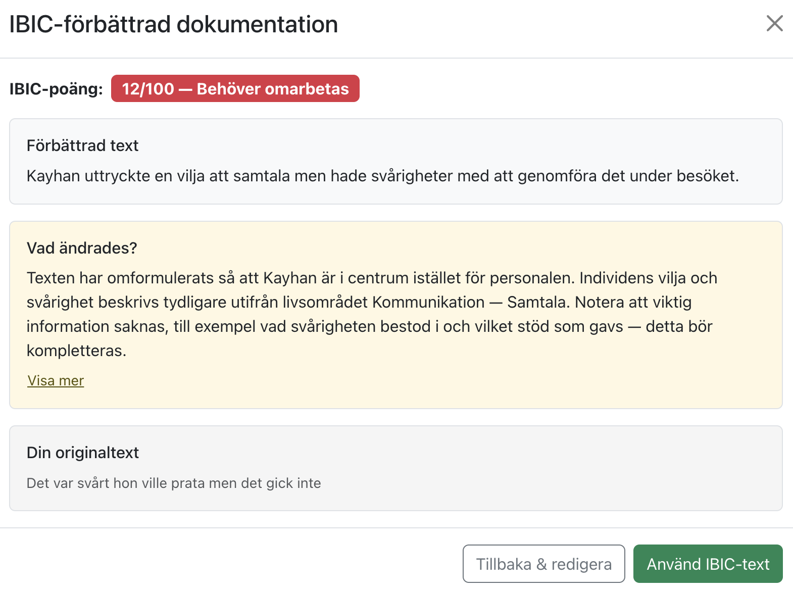 AI analyserar, kommer med förslag på förbättring samt förklaring på varför